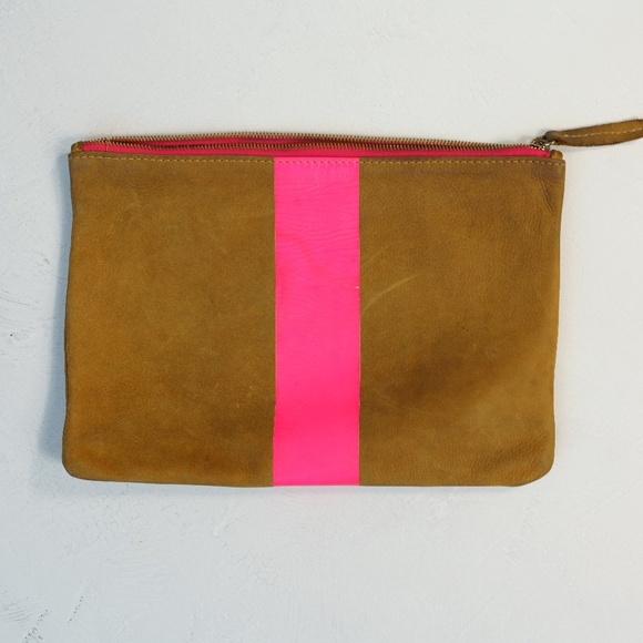 Clare V - Foldover Clutch w/ Tabs in Camel Nubuck w/Neon Pink Stripes - Picture 2 of 5